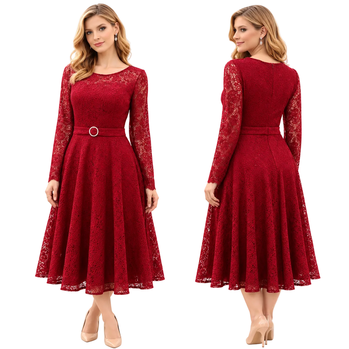 A red lace long-sleeve midi dress shown from the front and back on a model against a plain white background.