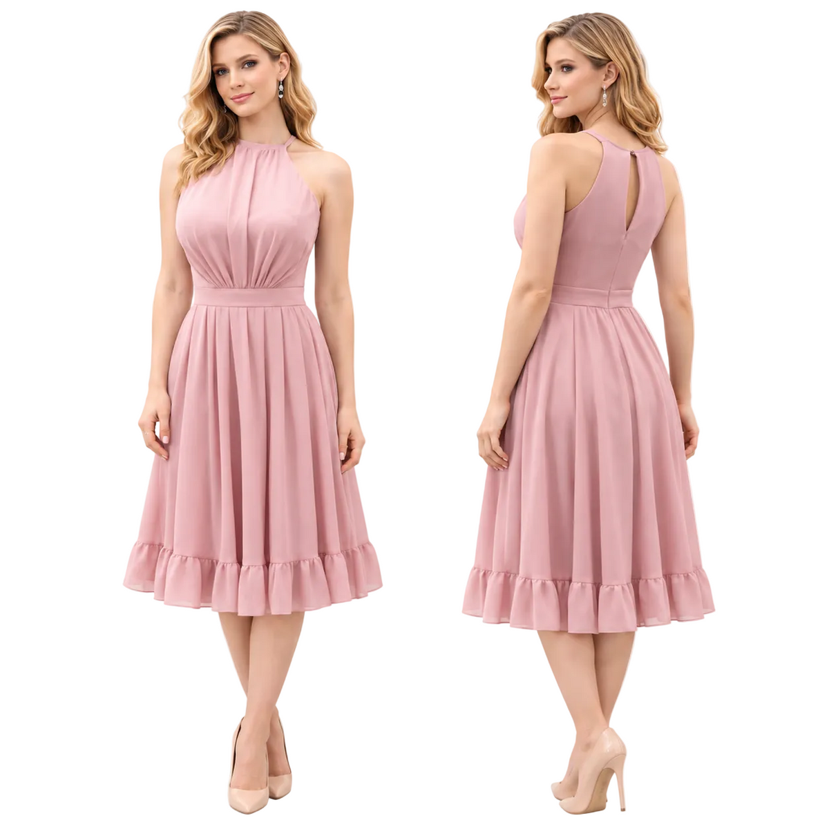 A woman modeling a sleeveless dusty pink midi dress shown from the front and back against a plain white studio background.