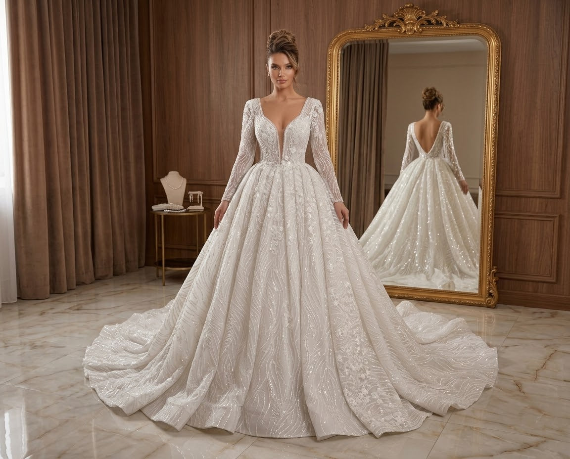 A woman models a long-sleeve ball gown wedding dress with a deep V-neckline and a dramatic train, standing in a luxurious room with wood-paneled walls, a large gold mirror, and marble floors. The dress features intricate lace and beadwork.