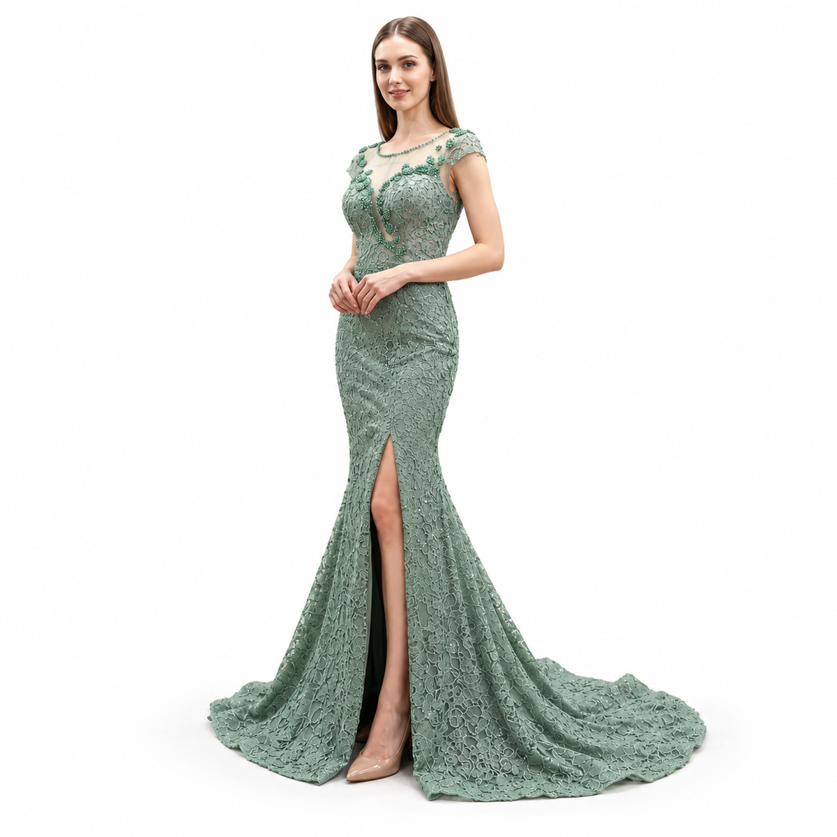 A woman modeling a floor-length sage green lace evening gown with cap sleeves, a high thigh slit, and a slight train against a plain white background.