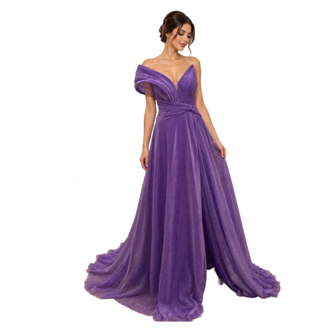 فستان سهرة لامع مكشوف الكتفين