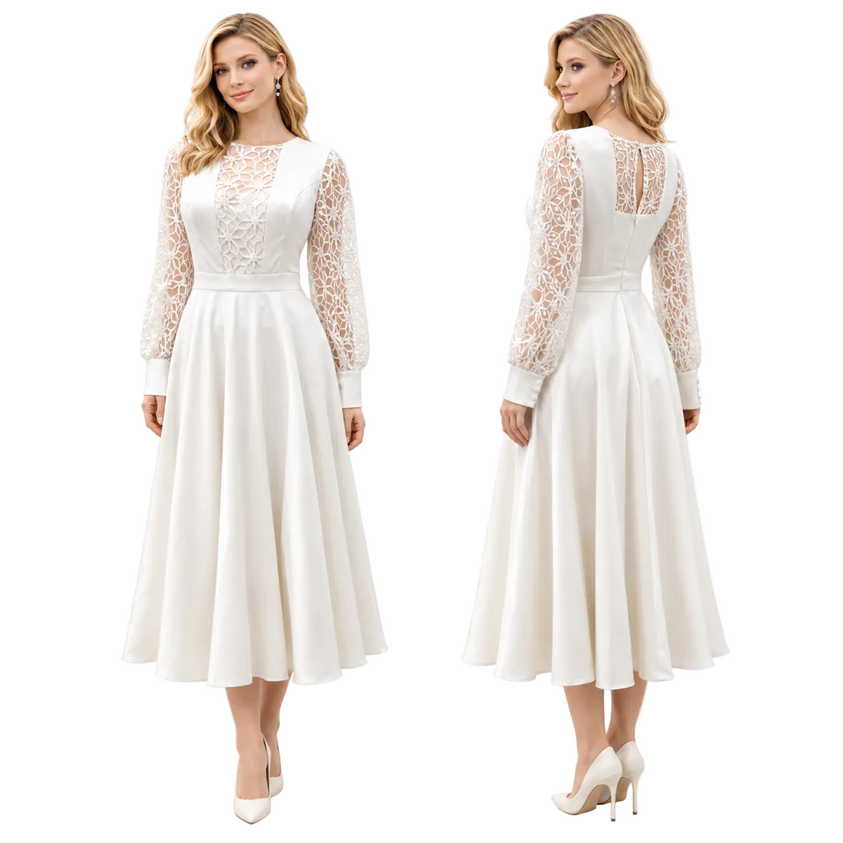 A woman modeling a long-sleeve midi dress shown from the front and back against a plain white studio background. The dress is ivory/cream satin with matching lace sleeves and lace paneling on the bodice and back.