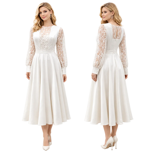 A woman modeling a long-sleeve midi dress shown from the front and back against a plain white studio background. The dress is ivory/cream satin with matching lace sleeves and lace paneling on the bodice and back.