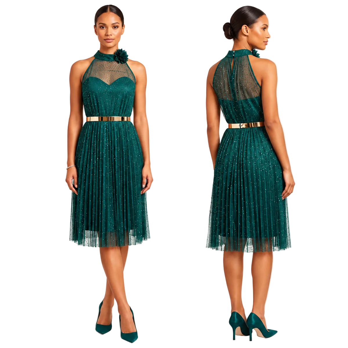 A model is shown from the front and back wearing a dark teal green halter midi dress with a sheer mesh bodice, a gold metallic belt, and a pleated tulle skirt. She is wearing matching green high heels against a plain white background.
