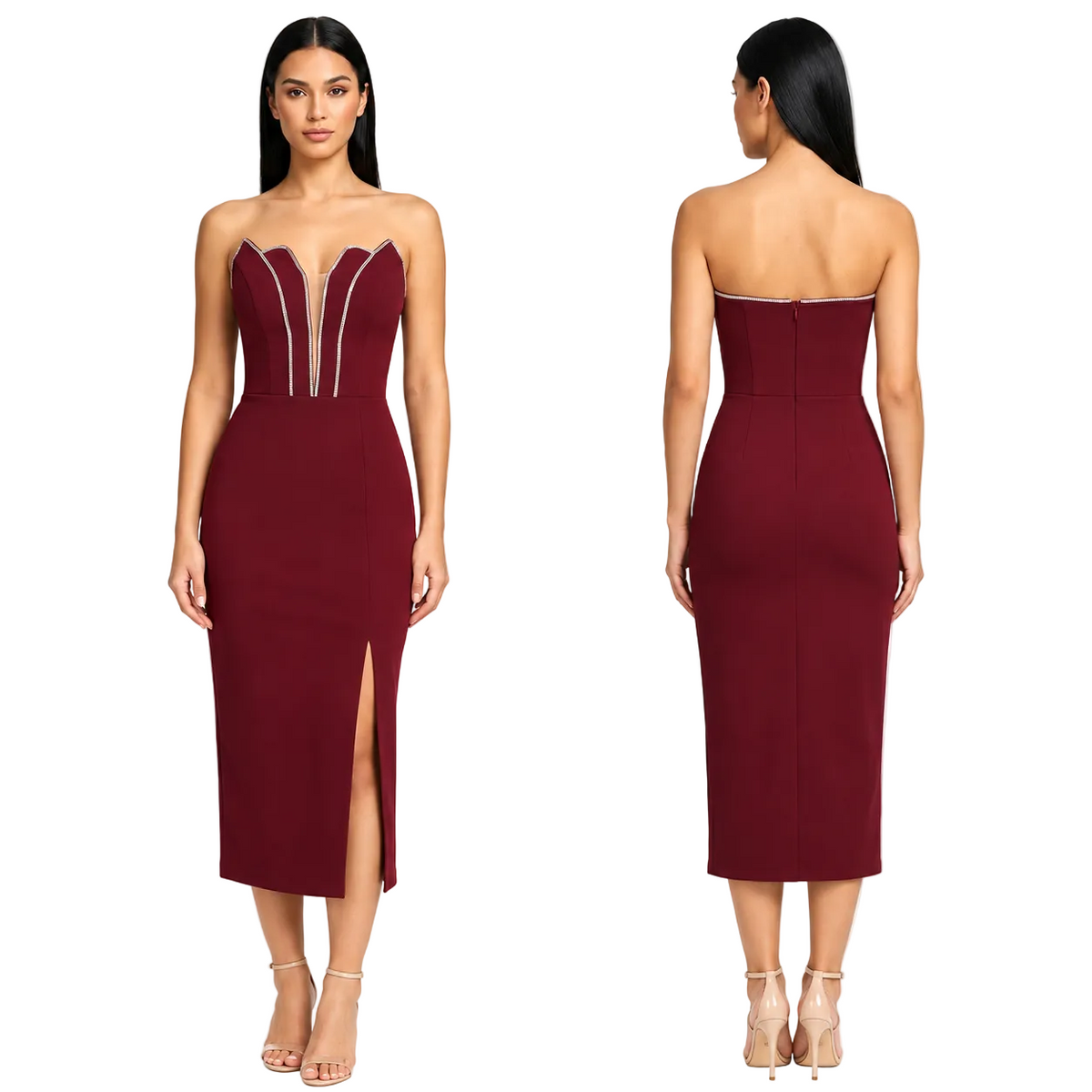 A woman modeling a strapless fitted midi dress shown from the front and back against a plain white studio background. The dress is deep burgundy with metallic silver trim details at the bust and a front slit.