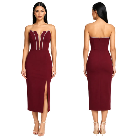 A woman modeling a strapless fitted midi dress shown from the front and back against a plain white studio background. The dress is deep burgundy with metallic silver trim details at the bust and a front slit.
