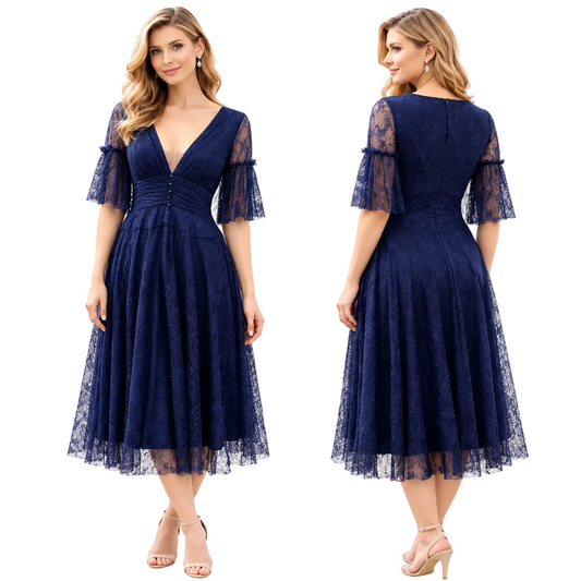A navy blue lace midi dress shown on a model from both the front and back views against a plain white background.