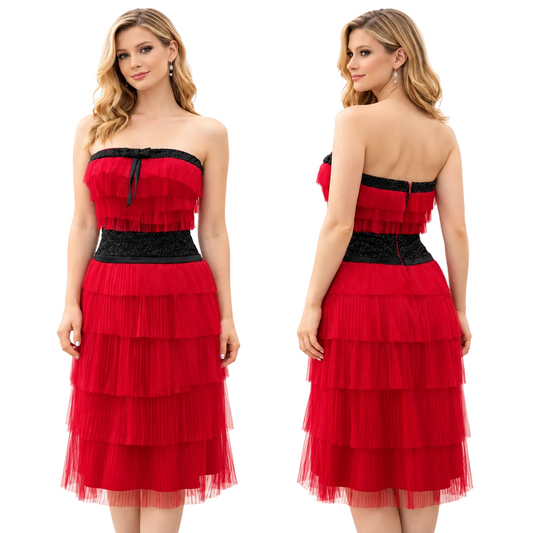 A red strapless tiered tulle dress with a black lace bodice and black waistband, shown from both the front and back views on a model against a white background.