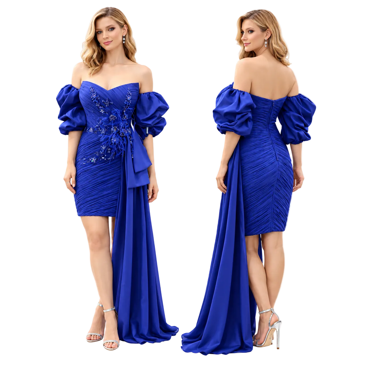 A royal blue off-the-shoulder evening gown shown from the front and back on a model against a plain white background. The dress features dramatic puffed sleeves, a sweetheart neckline, a fitted ruched bodice, and a long draped train.