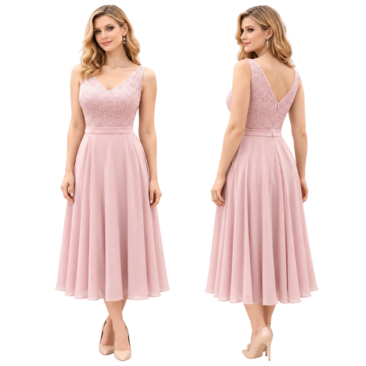 A woman modeling a sleeveless dusty pink midi dress shown from the front and back against a plain white background. The dress has a lace-embellished V-neck bodice, a fitted waist, and a flowing chiffon skirt.