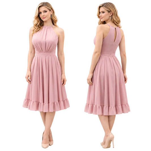 A woman modeling a sleeveless dusty pink midi dress shown from the front and back against a plain white studio background.