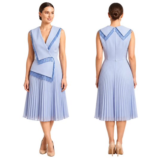 A sleeveless light blue pleated dress shown on a model from the front and back. The dress features a wrap-style V-neck bodice with blue fringe trim and a structured collar detail at the back neckline.