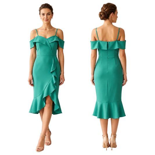 A woman modeling a teal off-the-shoulder midi dress, shown from both the front and back views against a plain white background.