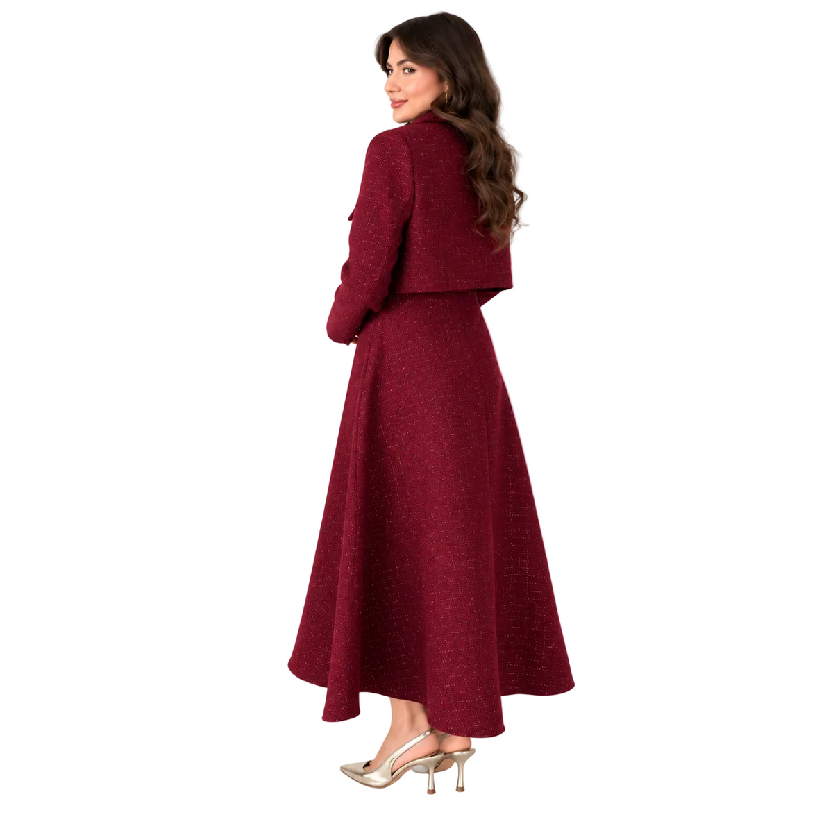 A woman wearing a textured burgundy long-sleeve maxi dress with a matching cropped jacket, shown from a side-back angle against a plain white background.