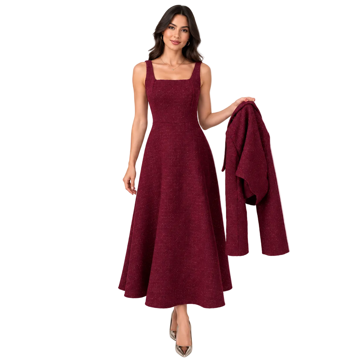 A woman modeling a sleeveless, square-neck, floor-length burgundy dress while holding a matching textured burgundy jacket against a clean white studio background.