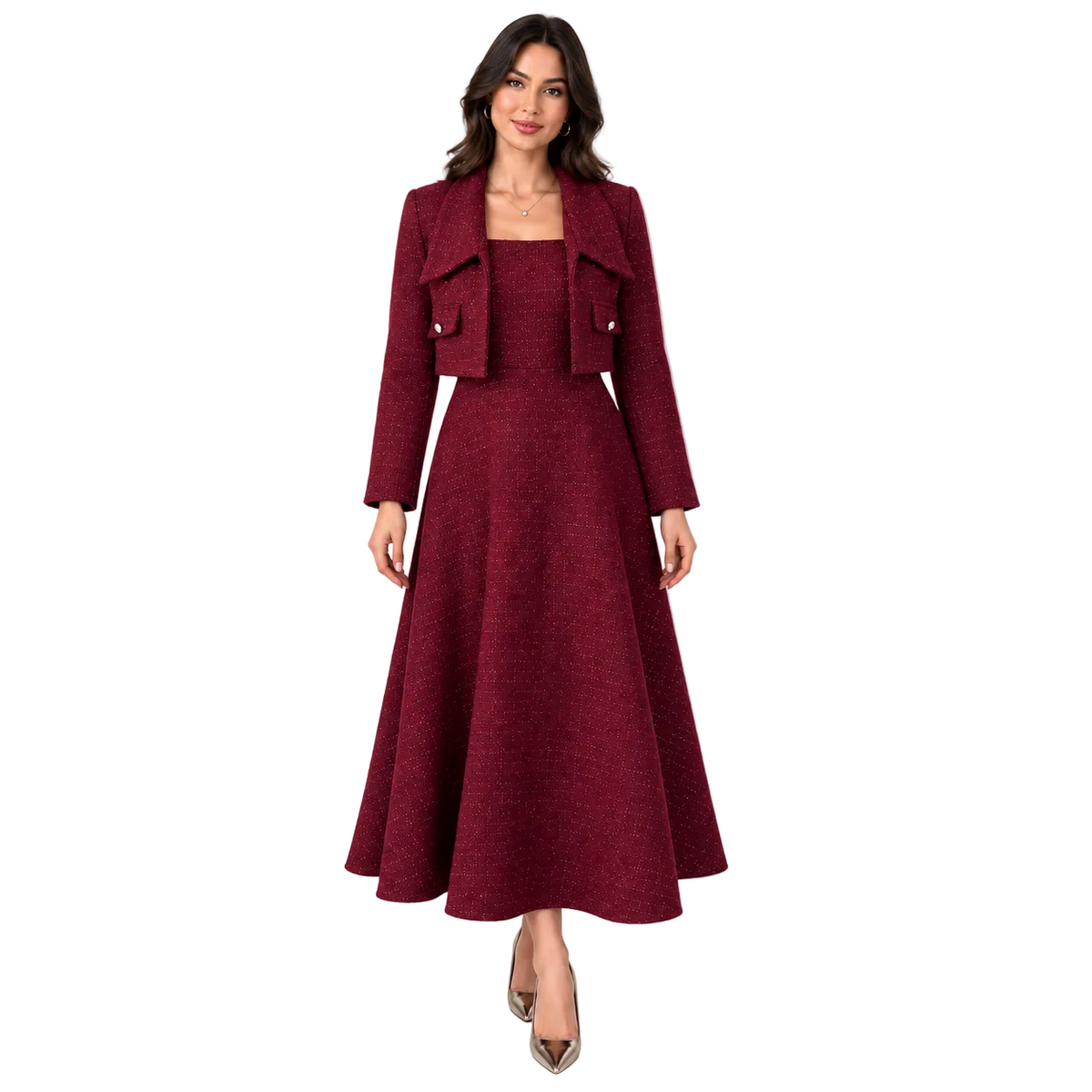 A woman modeling a matching burgundy tweed two-piece outfit consisting of a cropped jacket with flap details and a long flared skirt, paired with pointed-toe heels, against a plain white background.